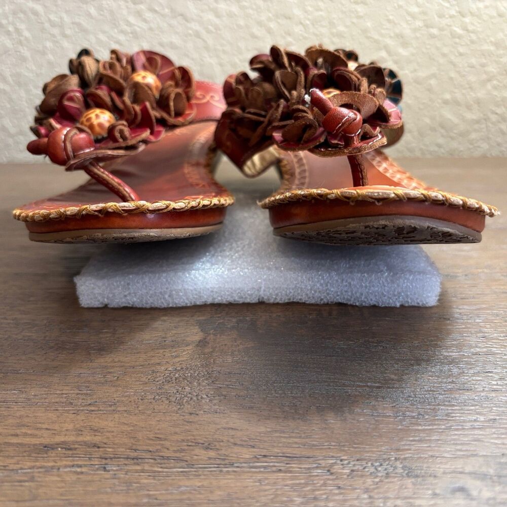 Elite By Corky's Robin Red Leather Floral Beaded Thong Sandal Sz 7 Boho "Read" - Picture 2 of 9